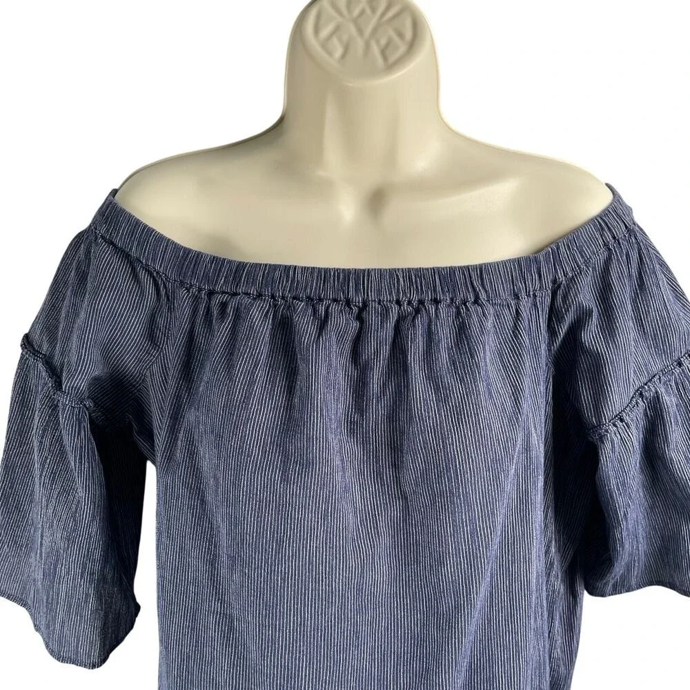 Madewell Dress Womens 8 Navy Stripe‎ Off Shoulder 100% Cotton Bell Sleeve G3457